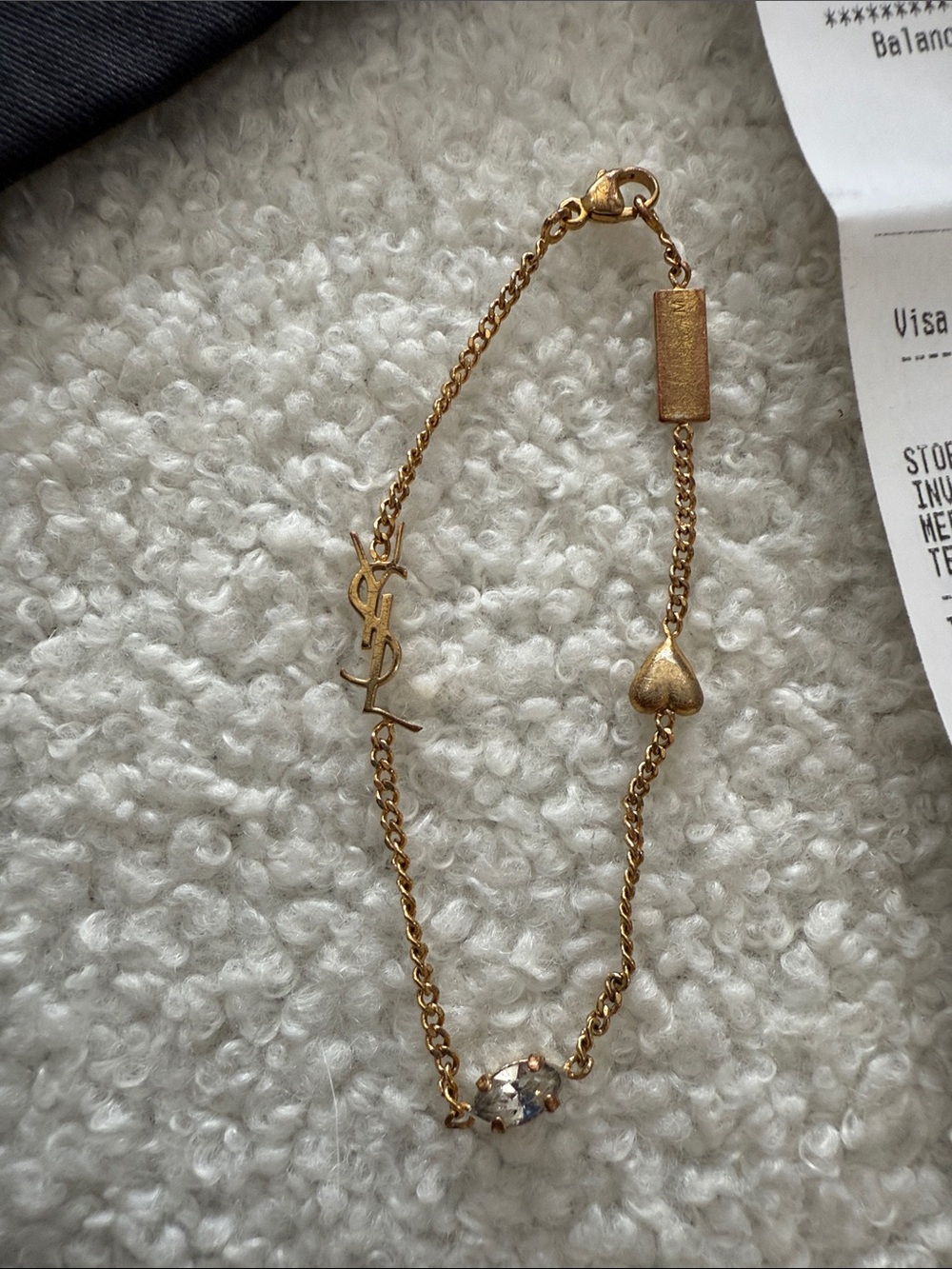 Yves Saint Laurent Gold Chain Bracelet with Heart Charm and Clear Crystal